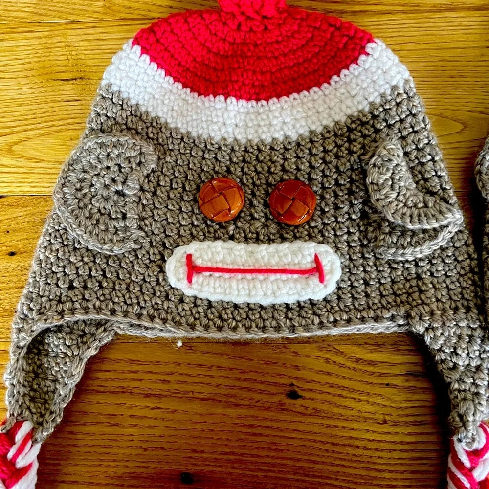 3 Handmade Sock Monkey Hats - Adult One Size